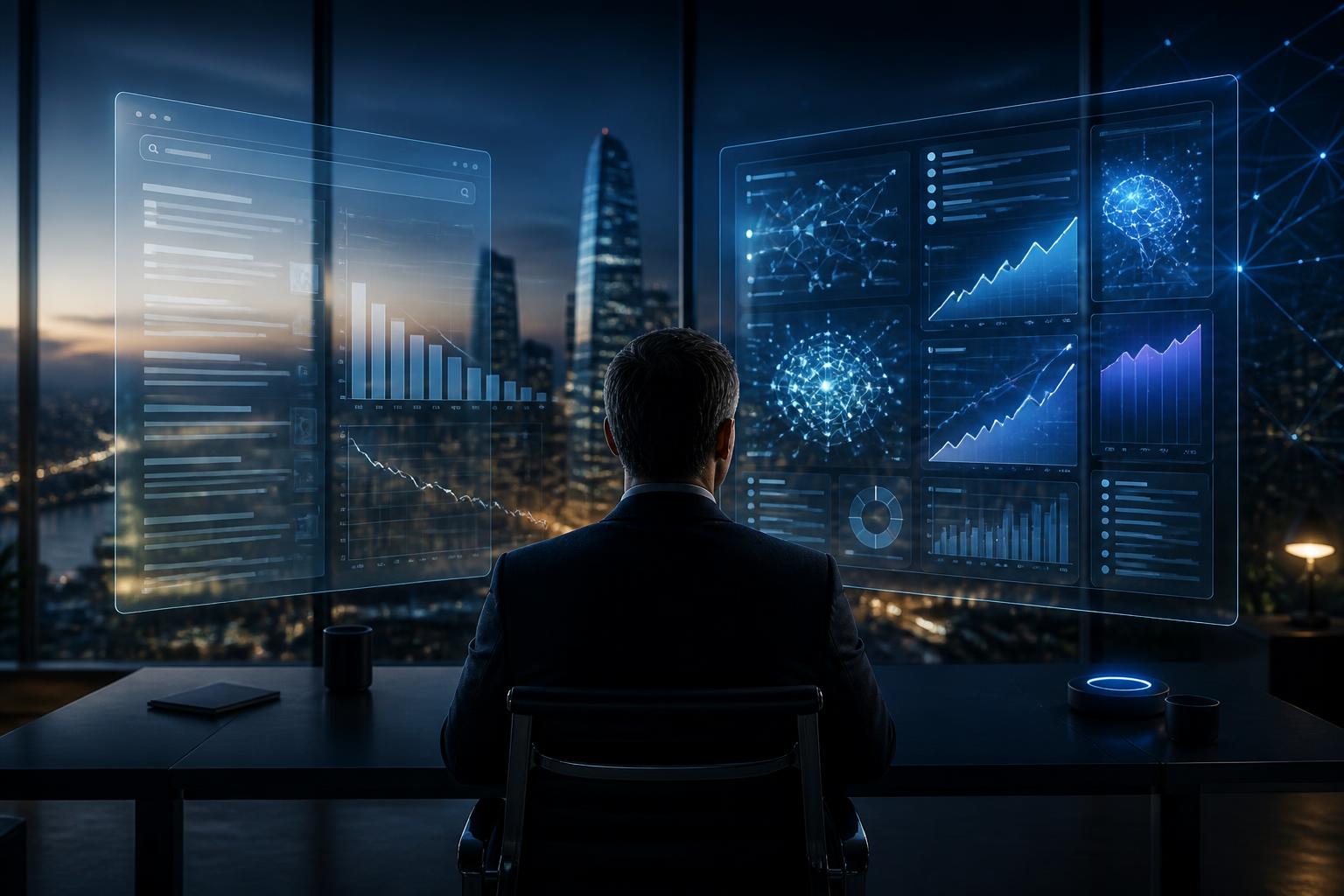 Imprenditore osserva due schermi: Google tradizionale in declino e motori AI Search in crescita — analisi futuro SEO 2027 Libellula Lab 4.0