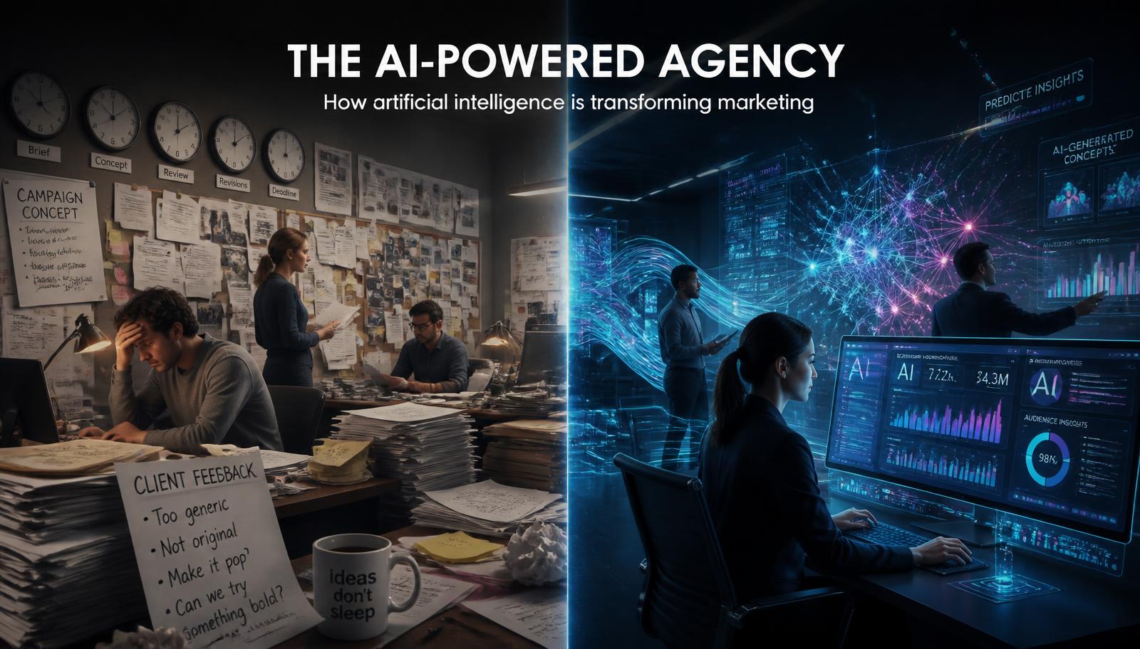 Agenzia di marketing tradizionale e agenzia AI-driven a confronto, split screen fotorealistico